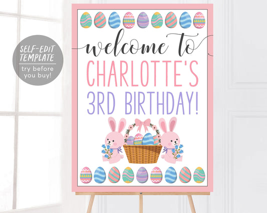 Easter Girl Birthday Welcome Sign Editable Template, Bunny Spring Themed First Birthday Poster Decor Printable Floral Decoration  Printable
