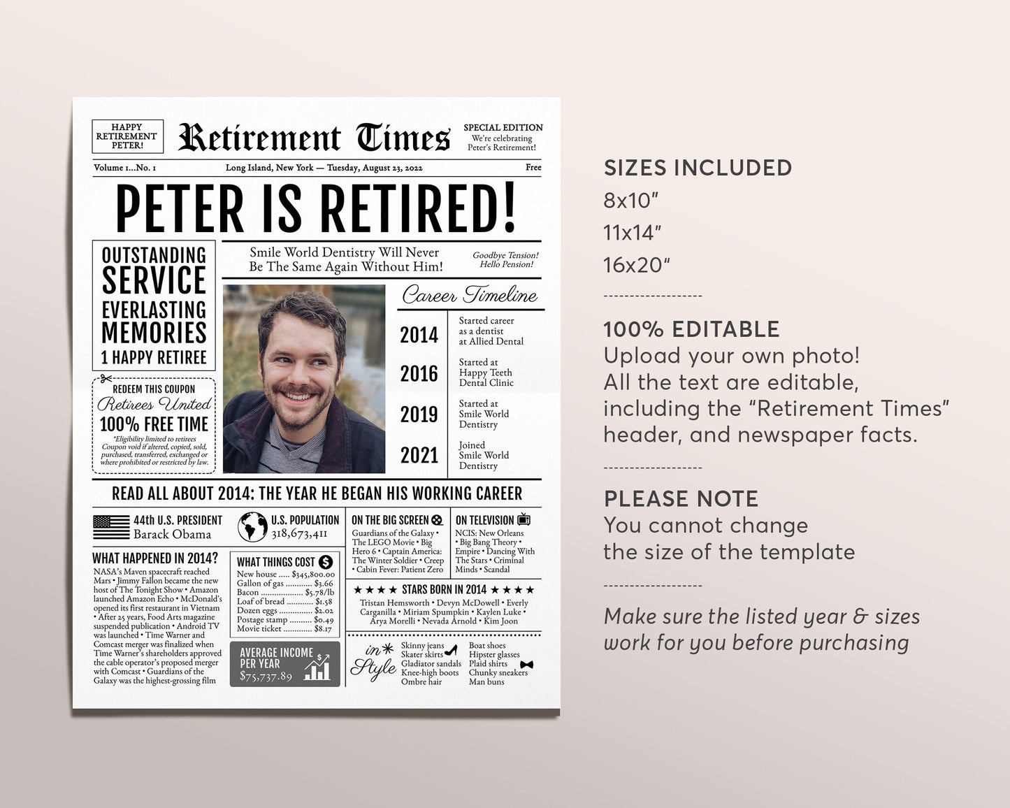 Editable Retirement Celebration Sign, Unique Newspaper Retirement Gifts for Men Women, Dentist Teacher Nurse Gift, History Back in 2014