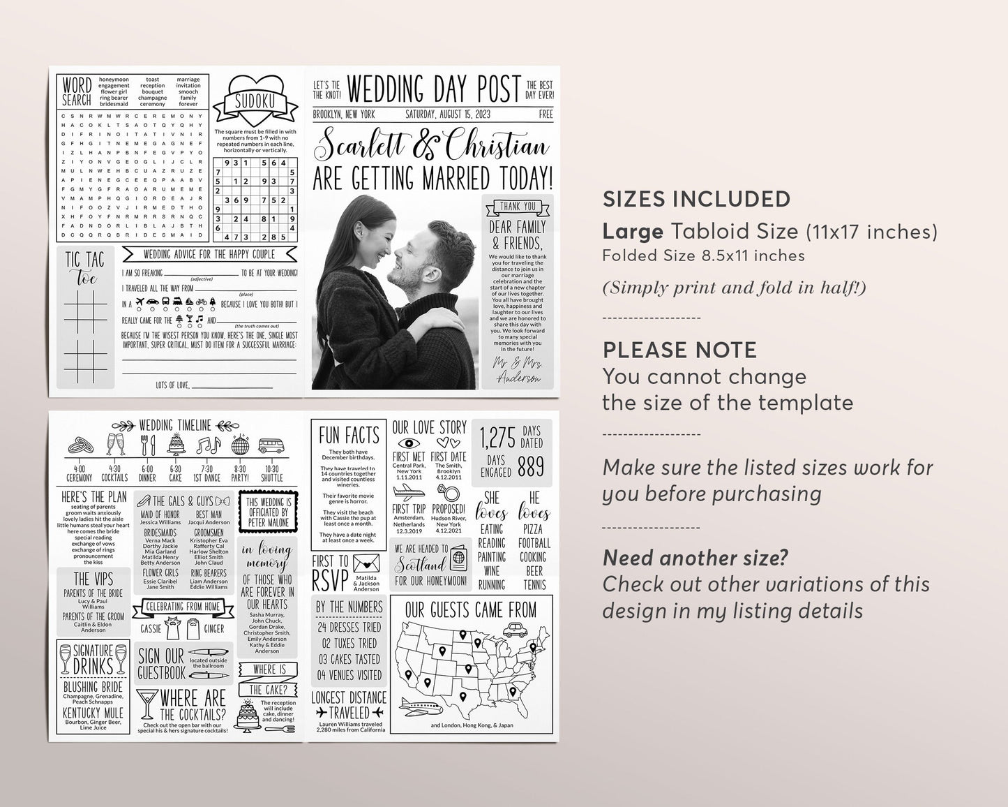 Large Newspaper Wedding Program 11x17 Editable Template, Folded Modern Reception Program, Unique Infographic Program, Printable Timeline