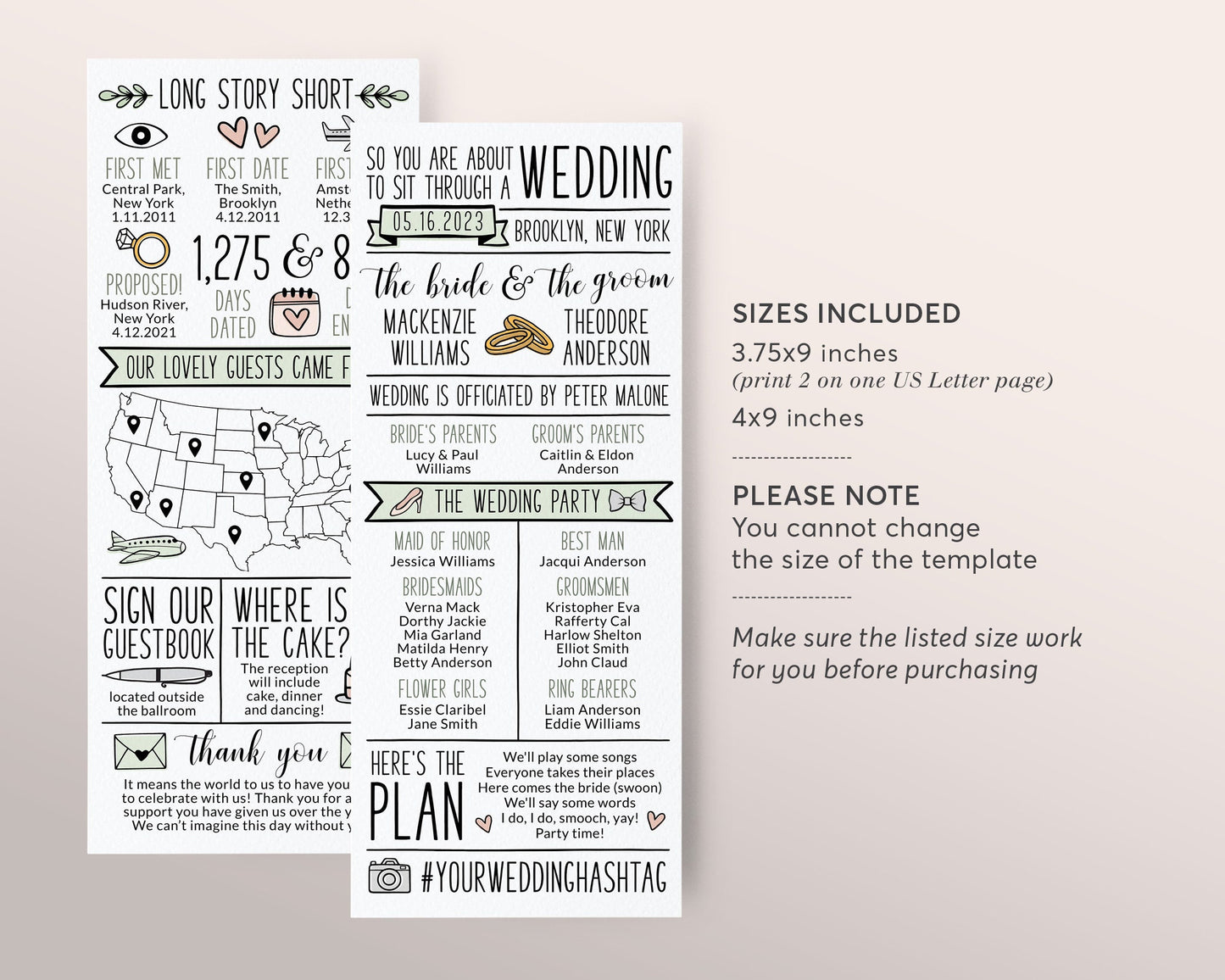 Infographic Wedding Program Editable Template, Order of Ceremony Sage Program, Order Of Events, Unique Hand Drawn Fun Long Icons Wedding