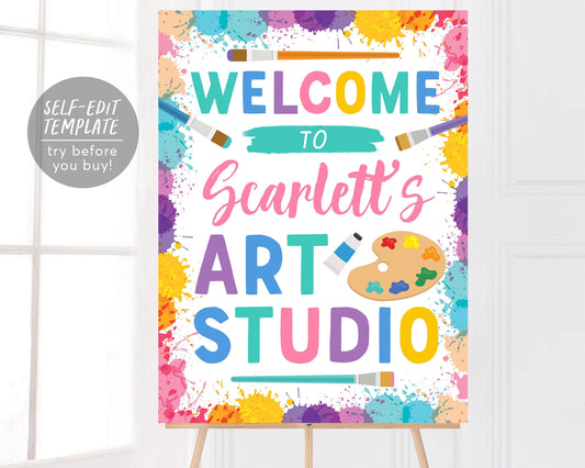 Art Party Birthday Poster Birthday Party Editable Template, Art Studio Painting Girl Welcome Door Sign, Craft Decoration Instant Download