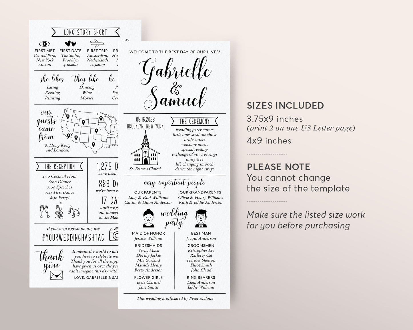 Infographic Wedding Program Editable Template, Non Traditional Black And White Reception Program, Unique Order Of Events, Wedding Ceremony