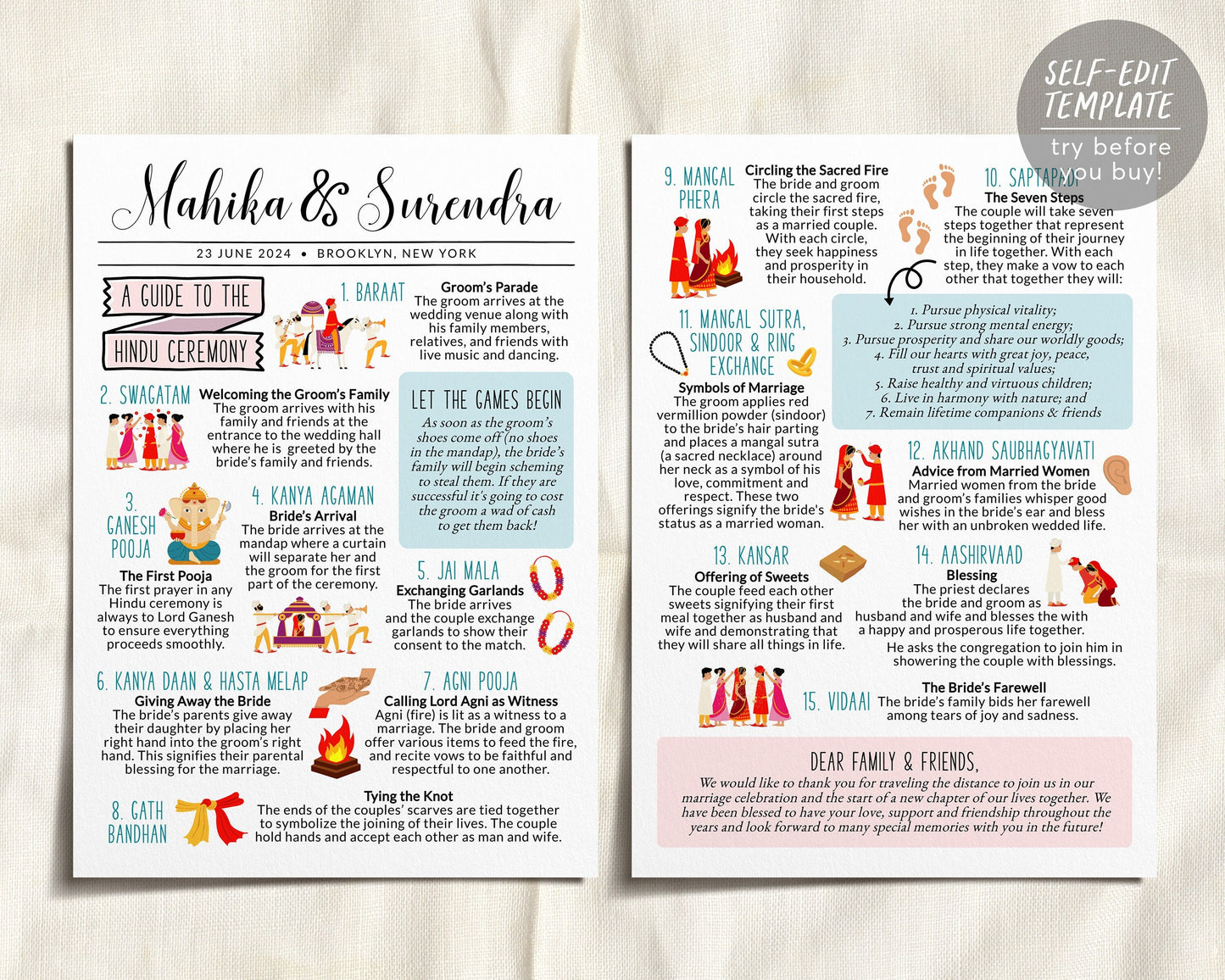 Hindu Ceremony Program Editable Template, Hindu Wedding Program, Indian Wedding Ceremony Guide, Unique Indian Wedding Invitation, Jai Mala