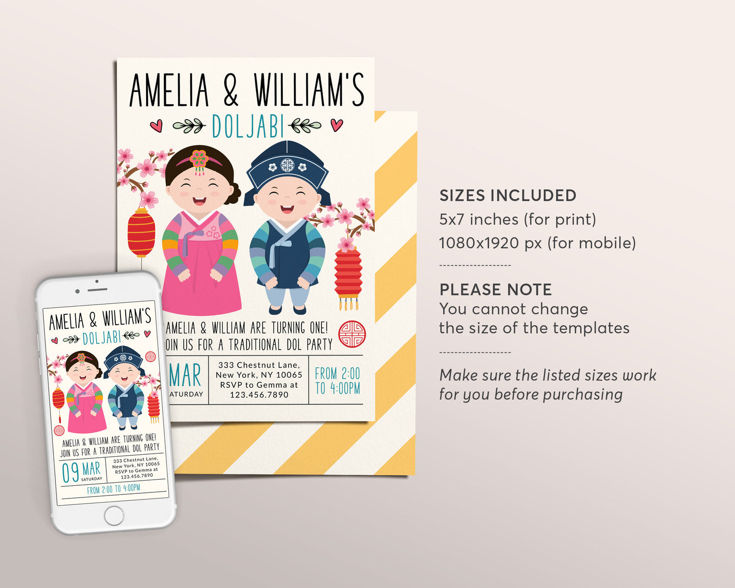 Twins Korean First Birthday Invitation Template, Editable Doljabi Korean Baby Boy Girl Hanbok Birthday, Personalized Dol Doljanchi Printable