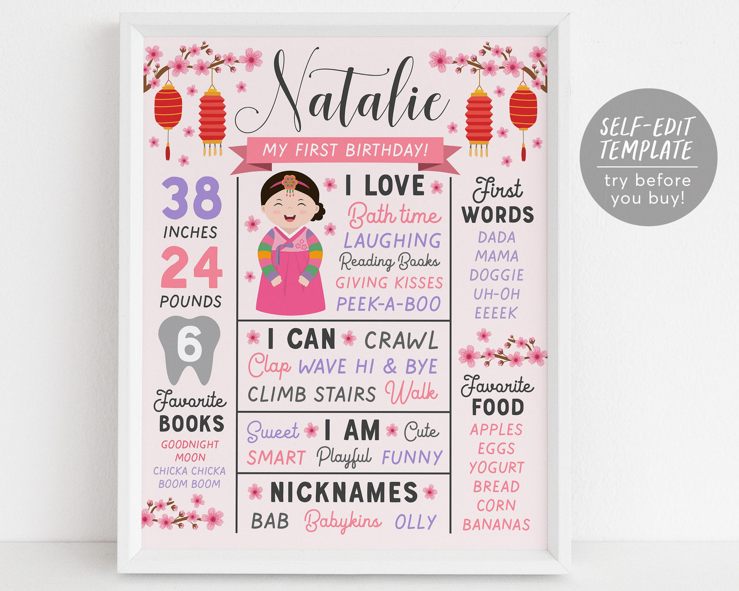 Korean Milestone First Birthday Sign GIRL Editable Template, Doljanchi Dol Dohl Doljabi Hanbok Stats Board 1st Birthday Party Poster