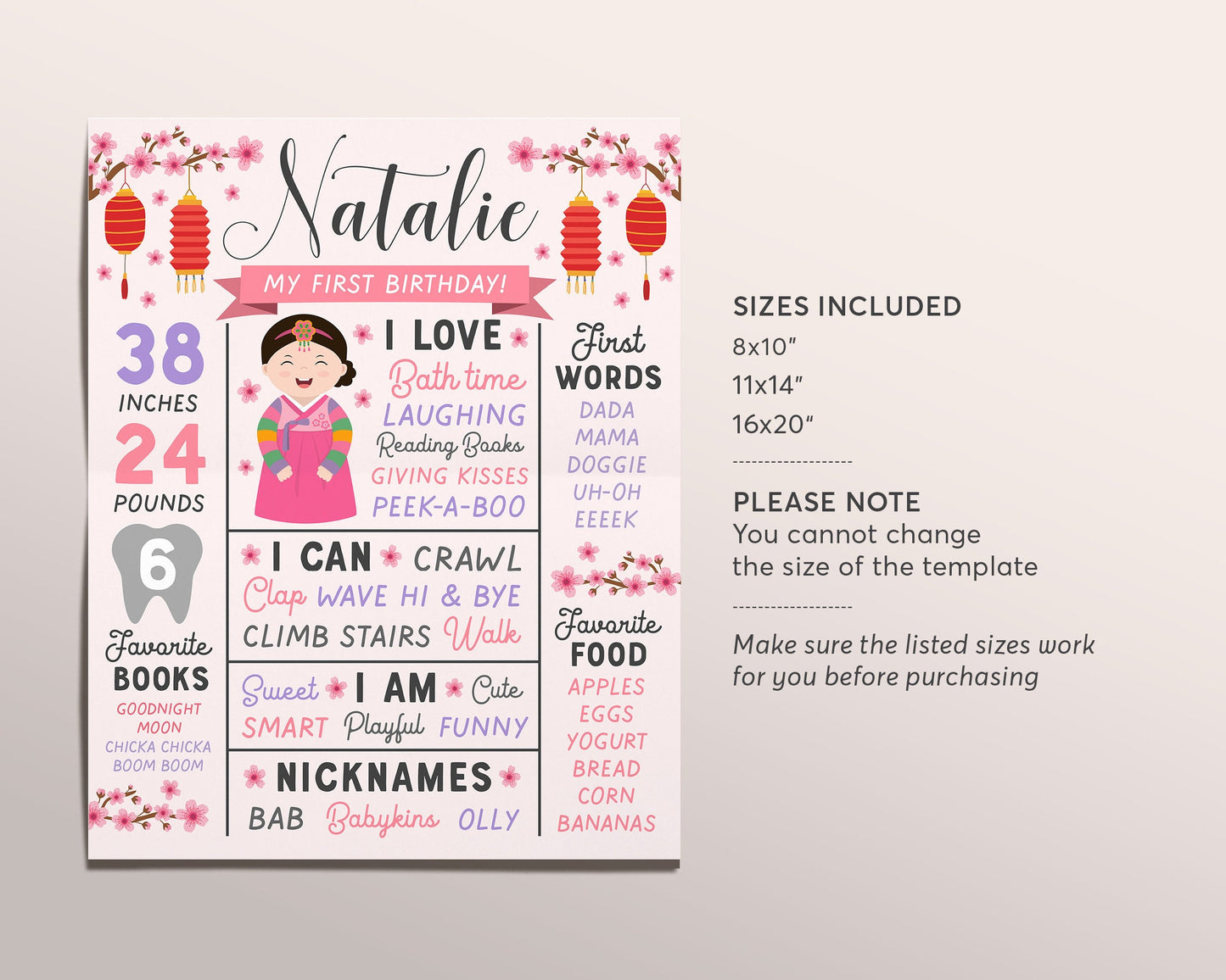 Korean Milestone First Birthday Sign GIRL Editable Template, Doljanchi Dol Dohl Doljabi Hanbok Stats Board 1st Birthday Party Poster