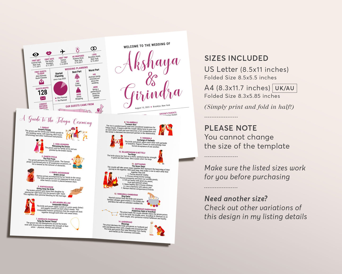 Telugu Ceremony Program Template, Editable Indian Wedding Ceremony Guide, South Indian, Hindu Infographic, Folded Modern Wedding Program