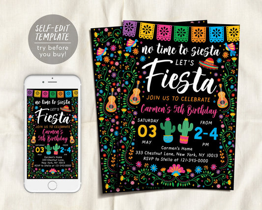 Fiesta Birthday Party Invitation Editable Template, Mexican Theme Girl Party Evite, No Time To Siesta Cinco De Mayo Cactus Succulent