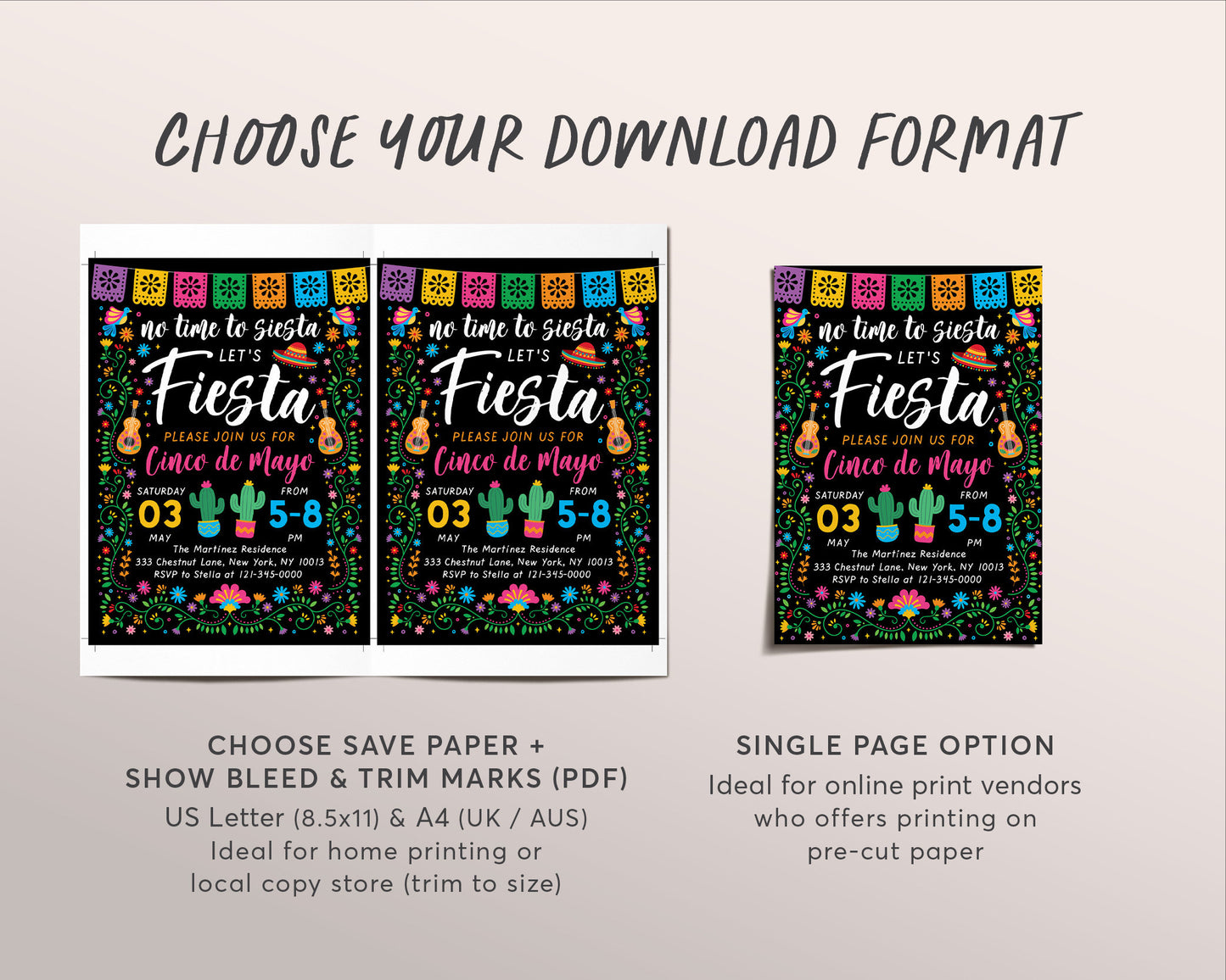 Cinco De Mayo Party Invitation Editable Template, Mexican Fiesta Theme Party Evite, No Time To Siesta Cactus Succulent, Instant Download