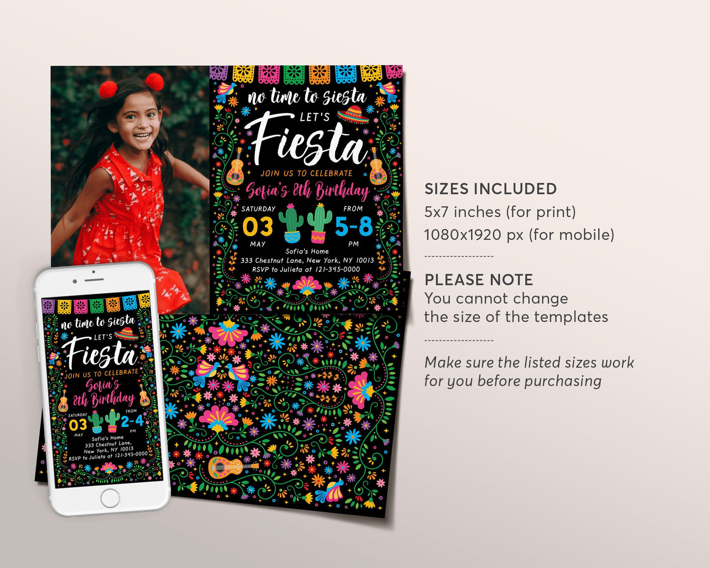 Fiesta Birthday Party With Photo Invitation Editable Template, Mexican Theme Girl Party Evite, No Time To Siesta Cinco De Mayo Cactus