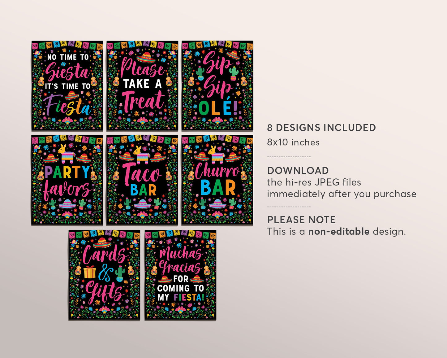 Fiesta Party Signs BUNDLE For Birthday, Mexican Theme Cinco de Mayo Signage, Taco Churro Bar Food Table Sign, Sip Sip Ole, Muchas Gracias