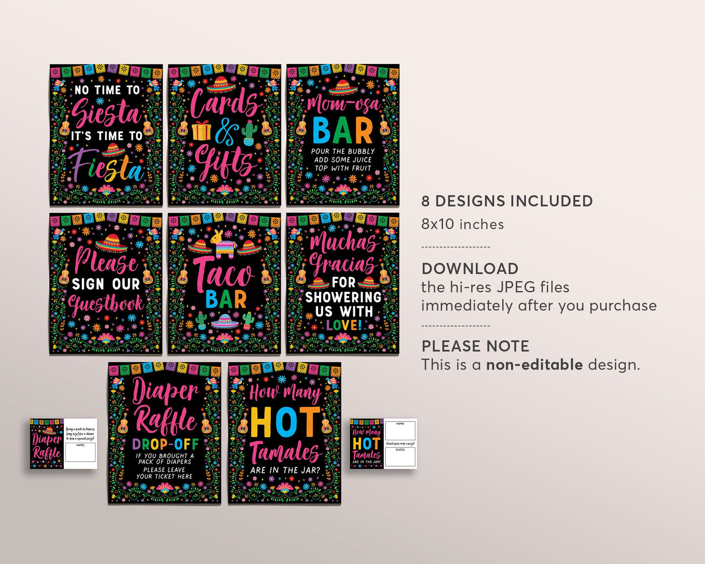 Fiesta Party Signs BUNDLE For Baby Shower, Mexican Theme Diaper Raffle Games, Guess How Many Hot Tamales, Momosa Mimosa Taco Food Table Sign