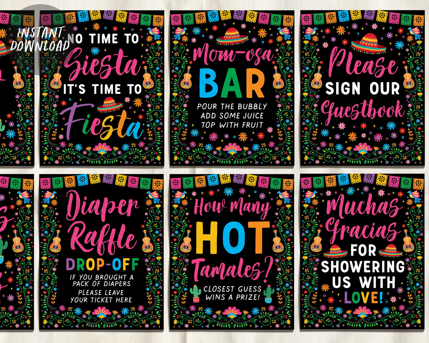 Fiesta Party Signs BUNDLE For Baby Shower, Mexican Theme Diaper Raffle Games, Guess How Many Hot Tamales, Momosa Mimosa Taco Food Table Sign