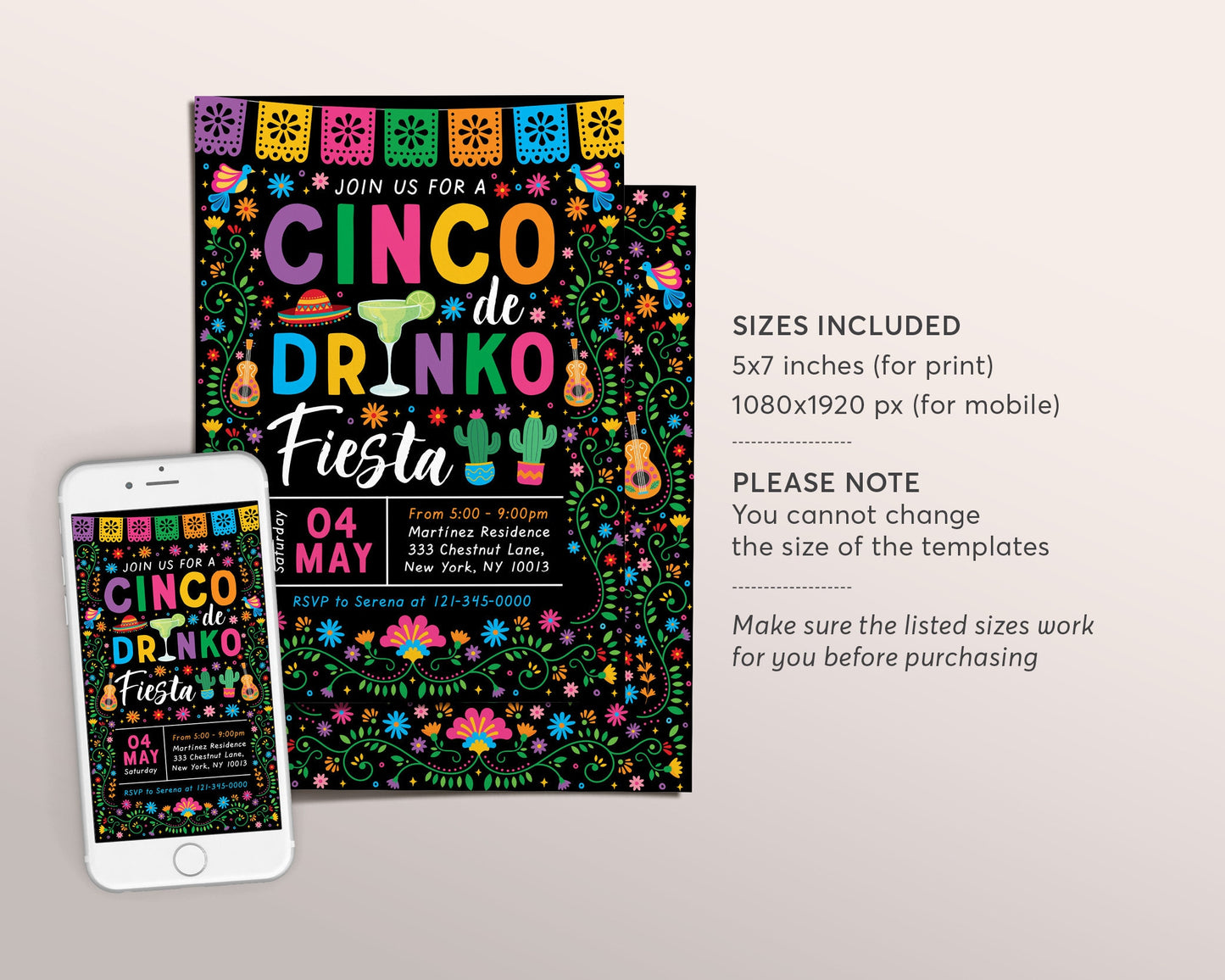 Cinco De Drinko Party Invitation Editable Template, Cinco De Mayo Margarita Mexican Fiesta Theme Adult Birthday Party Evite Printable