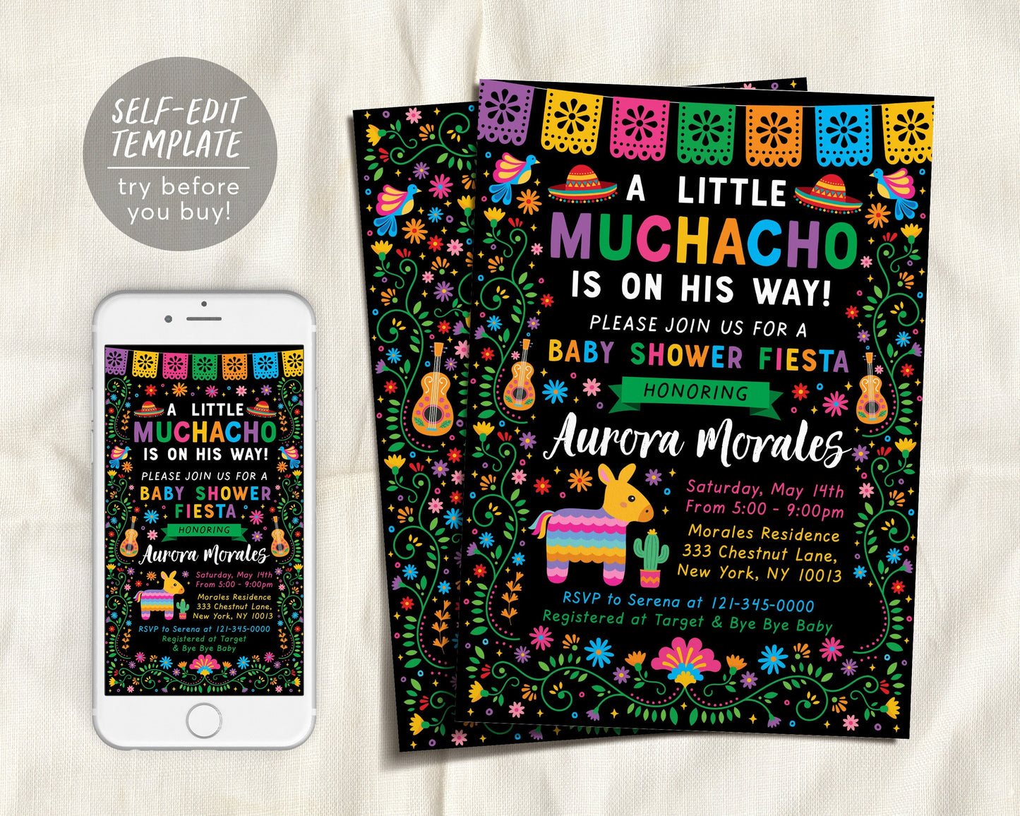 Fiesta Baby Shower Invitation Editable Template, Mexican Fiesta Theme Muchacho Muchacha Couples Coed Shower Sprinkle Party, Cinco De Mayo