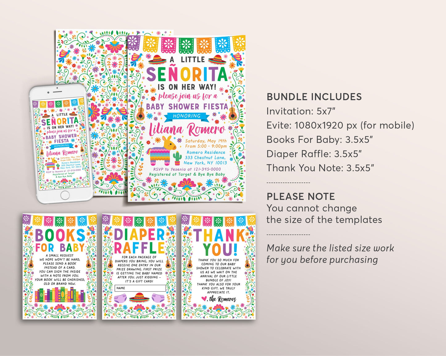 Fiesta Baby Shower BUNDLE Invitation Suite Set Editable Template, A Little Senorita Mexican Theme Books For Baby Diaper Raffle Thank You