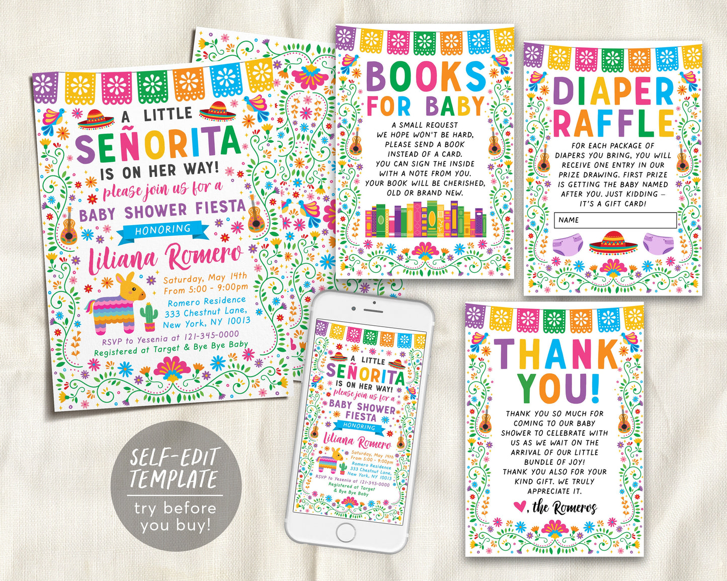 Fiesta Baby Shower BUNDLE Invitation Suite Set Editable Template, A Little Senorita Mexican Theme Books For Baby Diaper Raffle Thank You