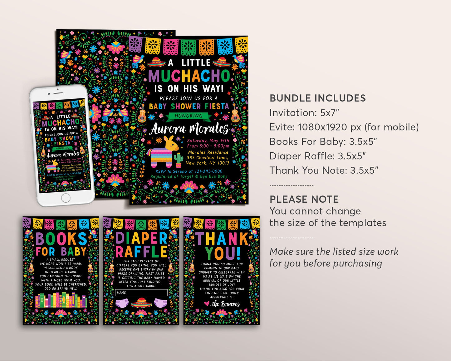 Fiesta Baby Shower BUNDLE Invitation Suite Set Editable Template, Muchacho Muchacha Mexican Theme Books For Baby Diaper Raffle Thank You