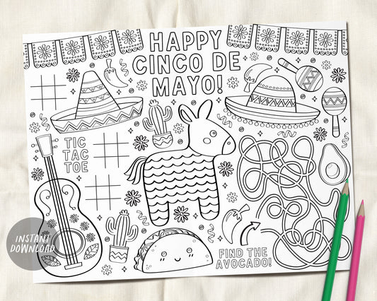Fiesta Cinco De Mayo Coloring Placemat For Kids Instant Download, Mexican Party Classroom Coloring Page Sheet Table Mat Activity, Piñata