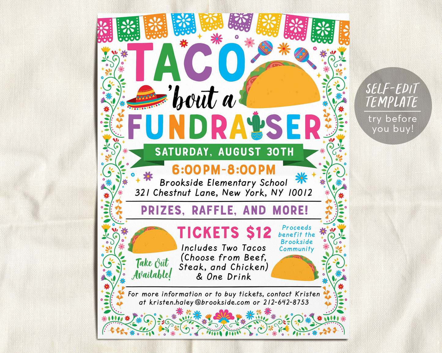 Taco Fundraiser Flyer Editable Template, Fiesta Mexican Night Dinner Charity, Church Community PTO PTA School Benefit Event Youth Sports