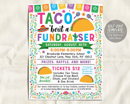Taco Fundraiser Flyer Editable Template, Fiesta Mexican Night Dinner Charity, Church Community PTO PTA School Benefit Event Youth Sports