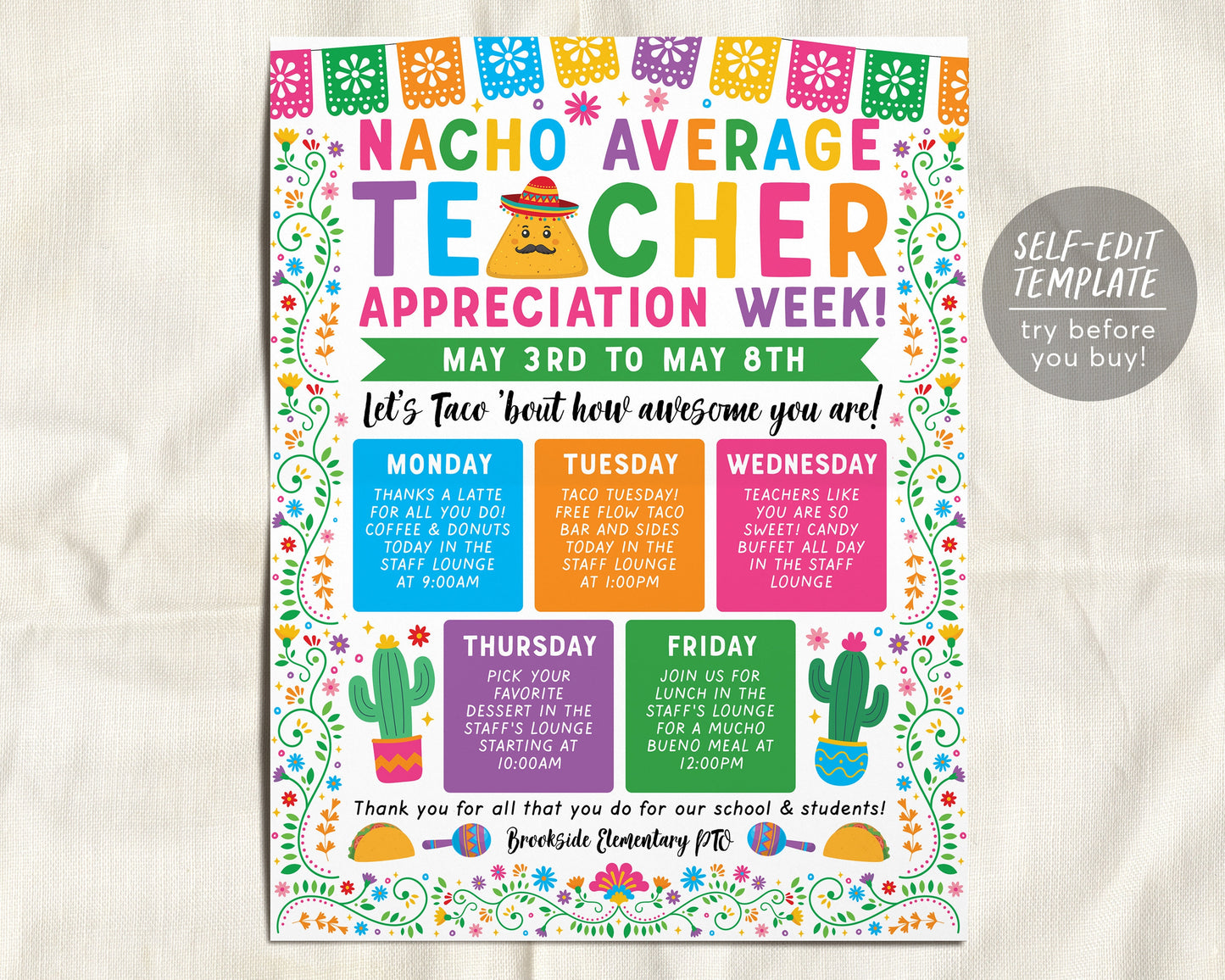Nacho Average Teacher Appreciation Week Schedule Editable Template, Fiesta Mexican Itinerary Poster, Schedule Events, Staff Luncheon