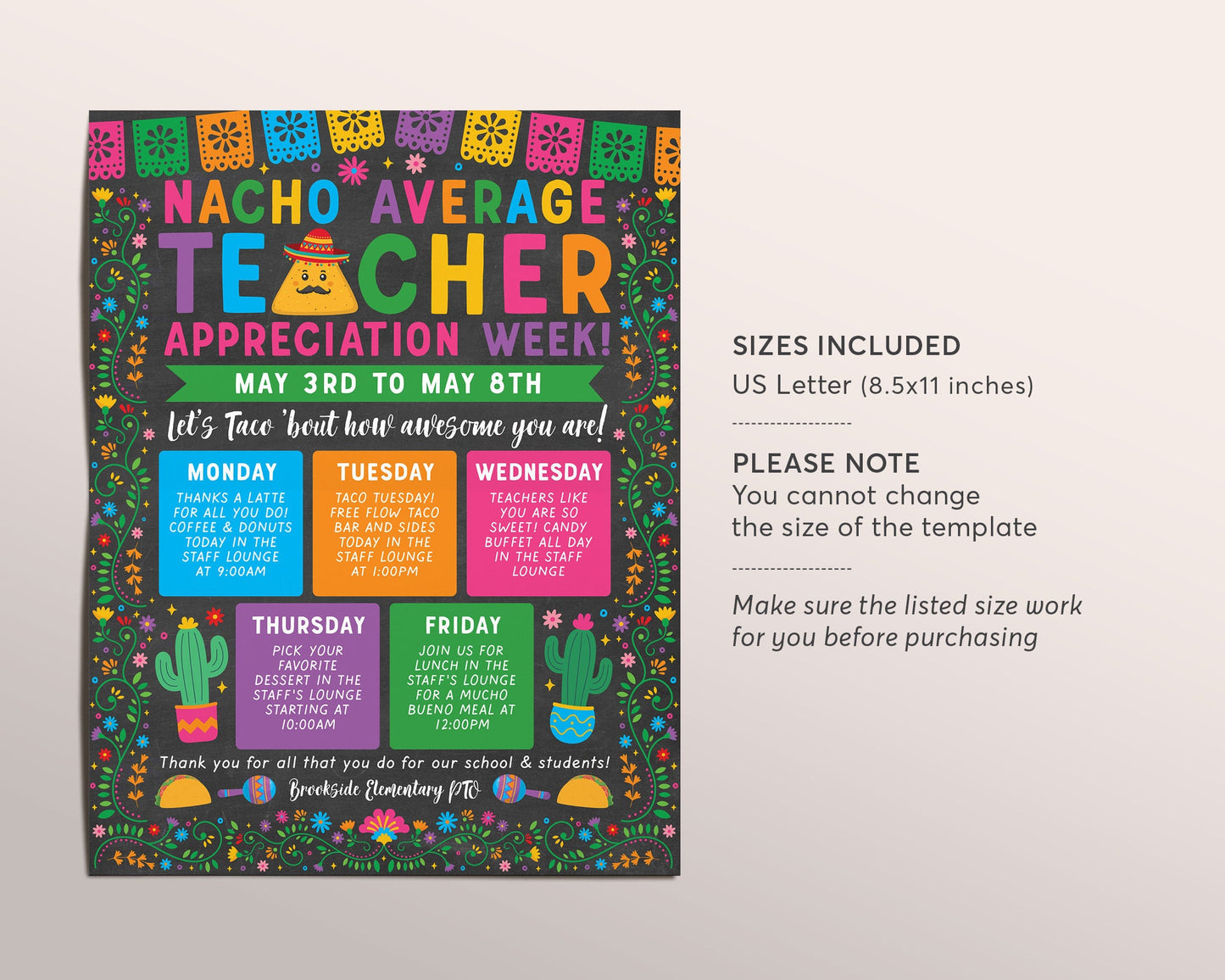 Nacho Average Teacher Appreciation Week Schedule Editable Template, Fiesta Mexican Itinerary Poster, Schedule Events, Staff Luncheon