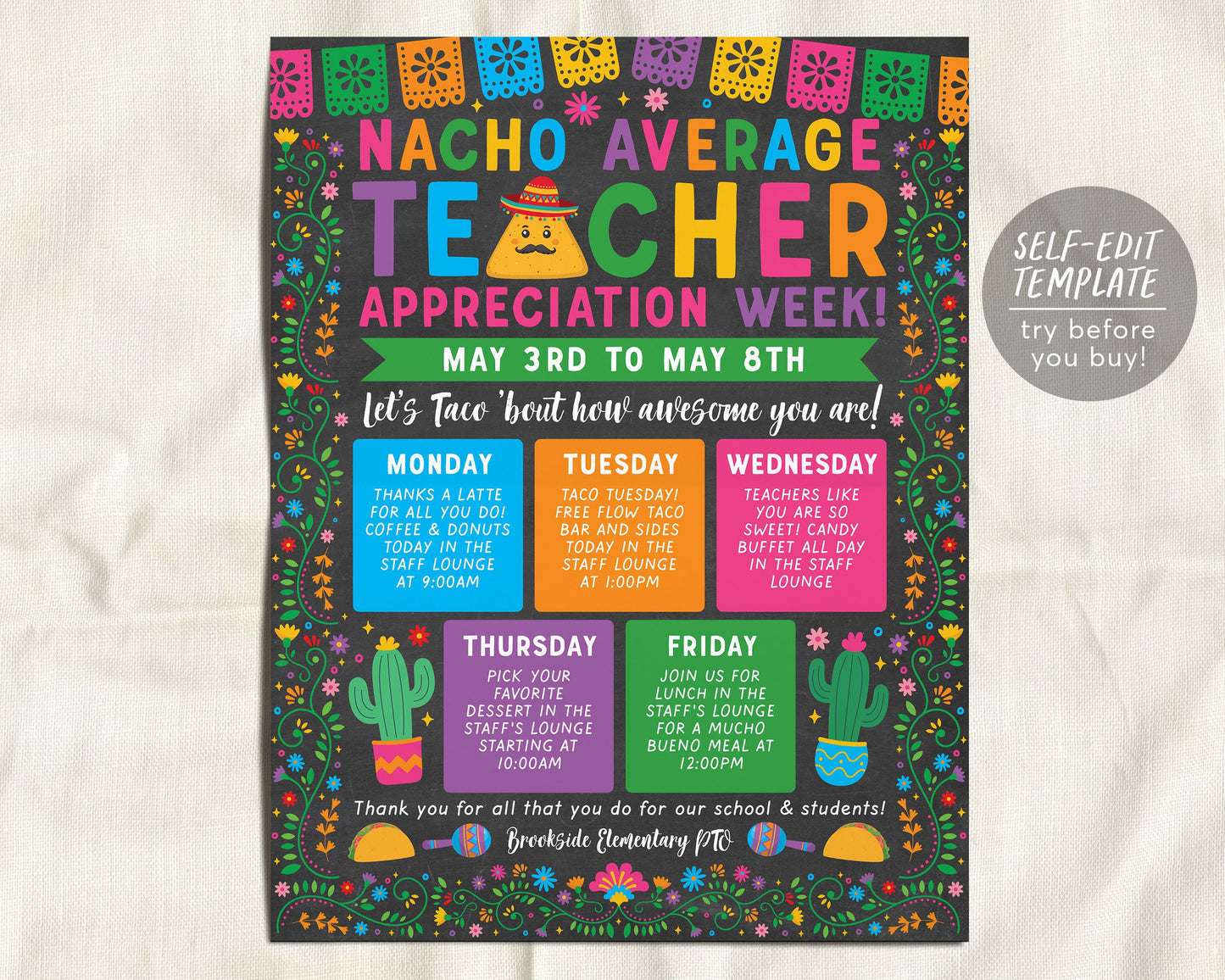 Nacho Average Teacher Appreciation Week Schedule Editable Template, Fiesta Mexican Itinerary Poster, Schedule Events, Staff Luncheon