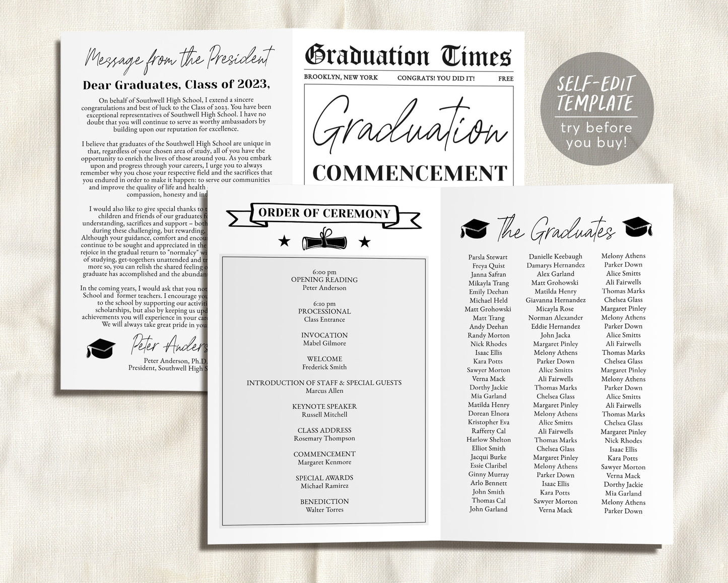 Graduation Program Editable Template, Pamphlet Booklet Newspaper High School Graduation, Commencement College Church 8th Grade Ceremony