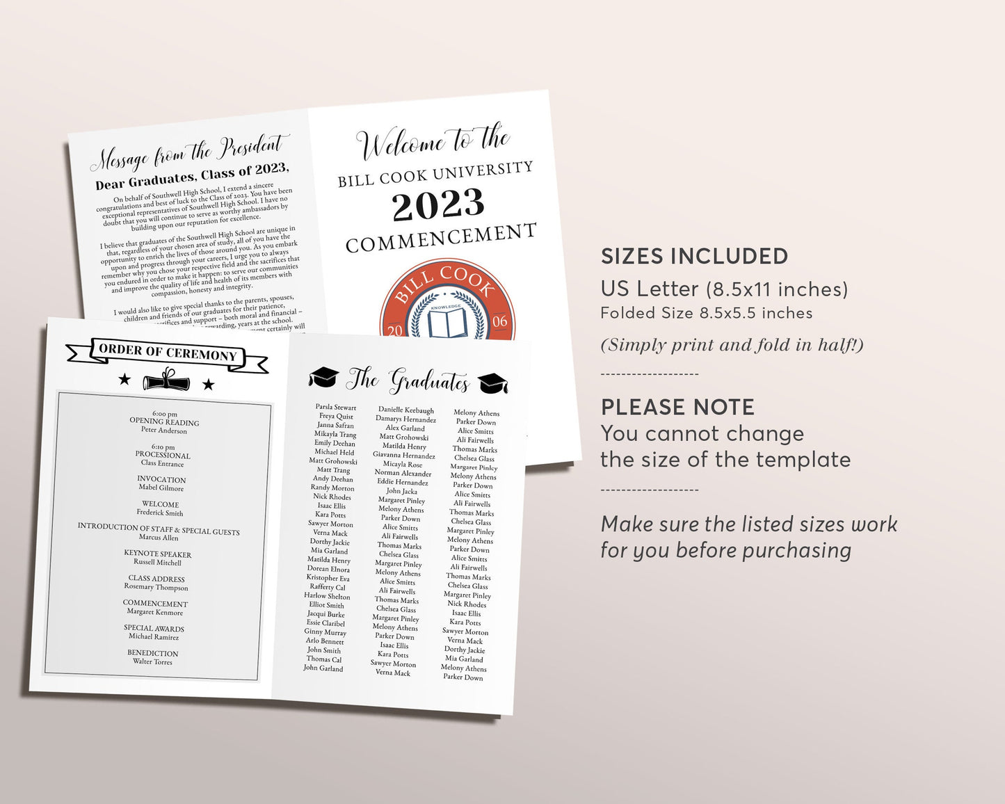 Graduation Program Editable Template, Add Your Own Logo, Pamphlet Booklet Newspaper University College High School Commencement Ceremony