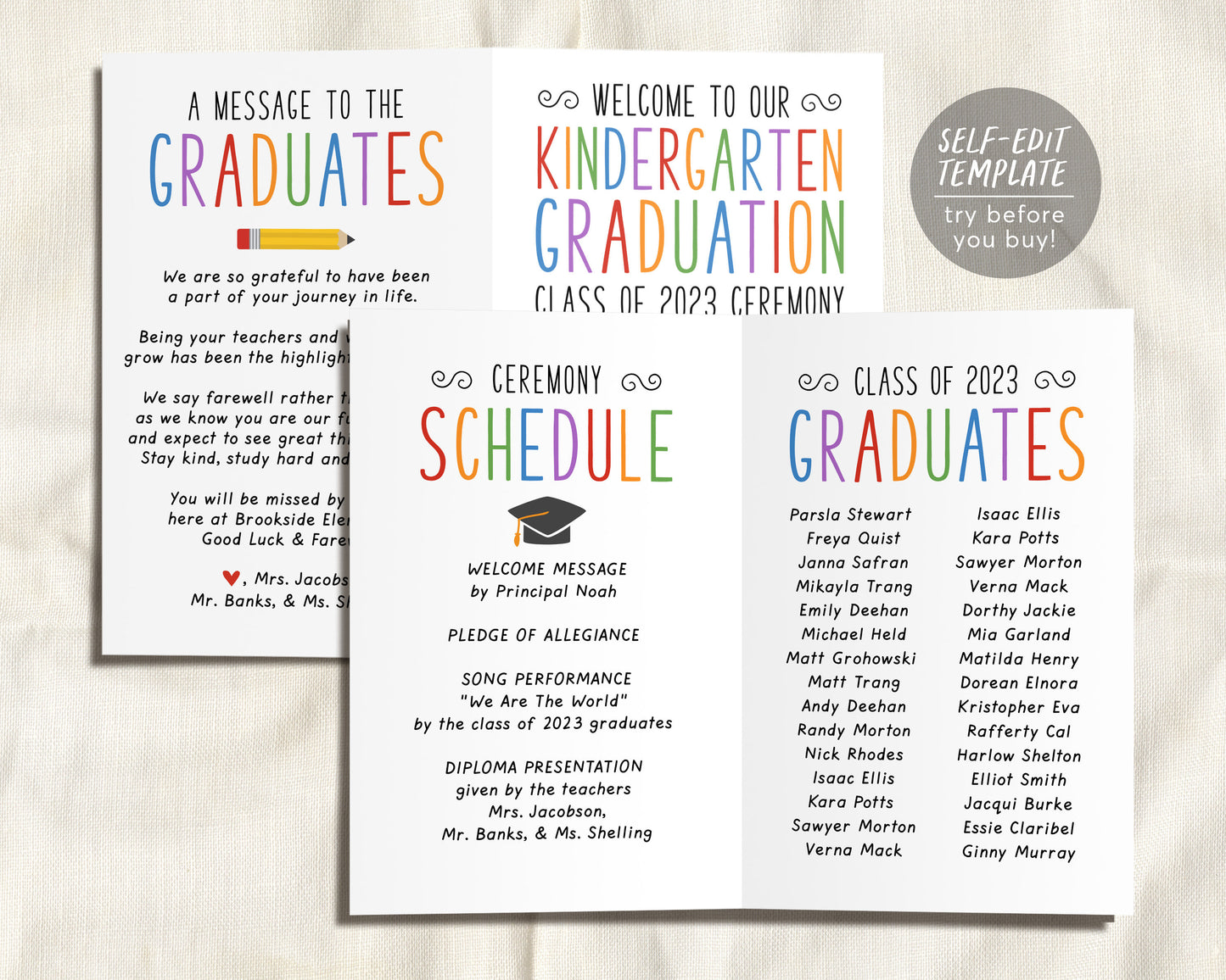 Graduation Program Editable Template for Kindergarten, Pre-K Preschool Ceremony Child Care Learning Center, Pamphlet Booklet Commencement