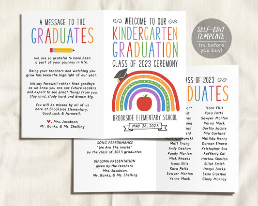 Graduation Program Editable Template for Kindergarten, Pre-K Preschool Ceremony Child Care Learning Center, Pamphlet Booklet Commencement