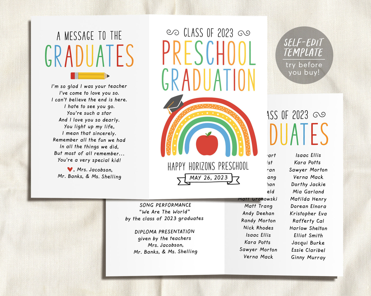 Graduation Program Editable Template for Preschool, Pre-K Ceremony Program Child Care Learning Center, Pamphlet Booklet Daycare Commencement