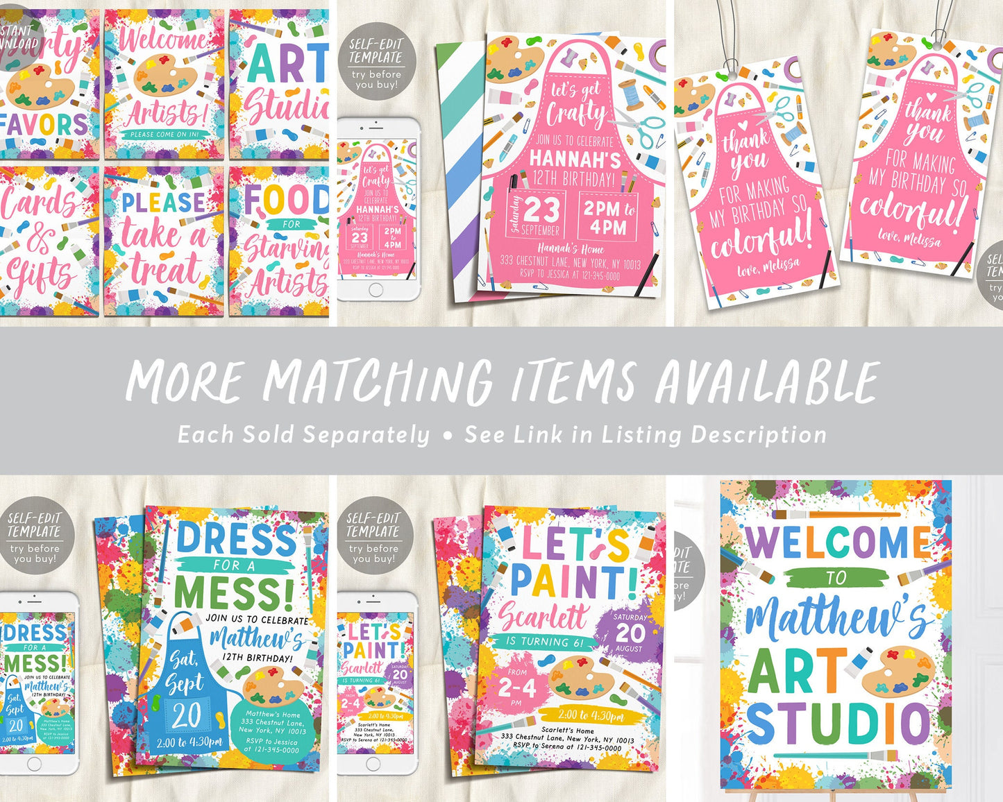 Art Party Birthday Poster Birthday Party Editable Template, Crafts Art Studio Painting Girl Welcome Sign, Craft Pink Apron Instant Download