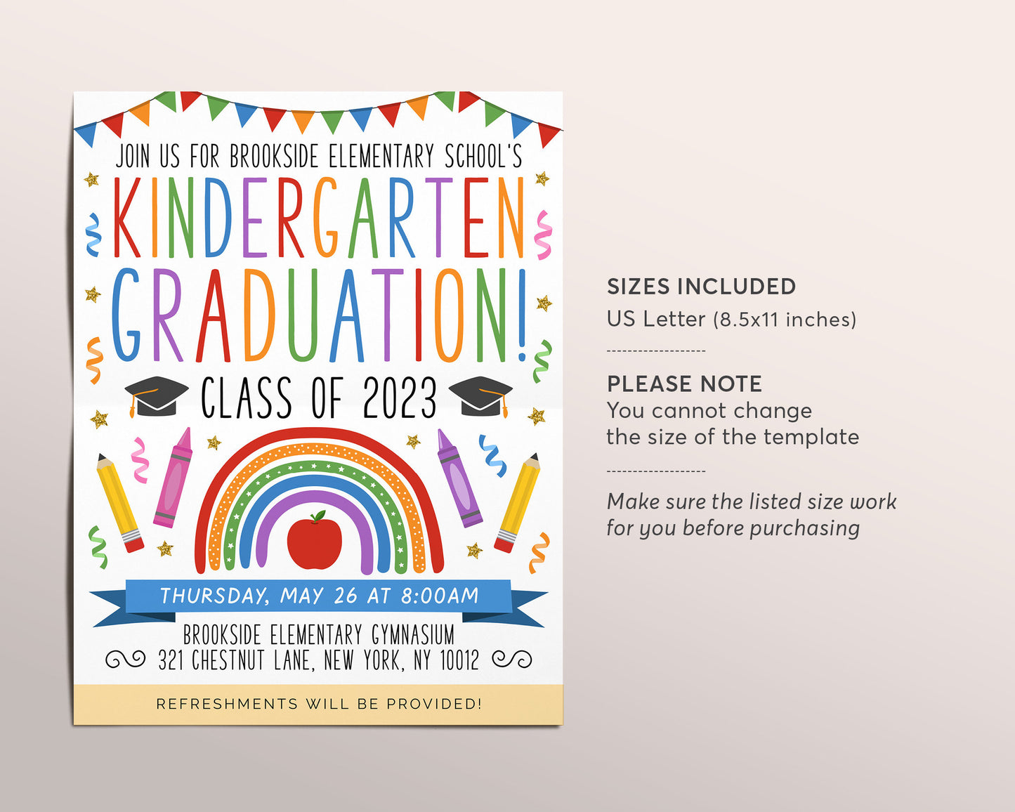 Kindergarten Graduation Invitation Flyer Editable Template, Preschool Class Graduation Announcement, Graduation Ceremony Invite Evite