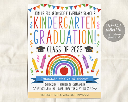 Kindergarten Graduation Invitation Flyer Editable Template, Preschool Class Graduation Announcement, Graduation Ceremony Invite Evite