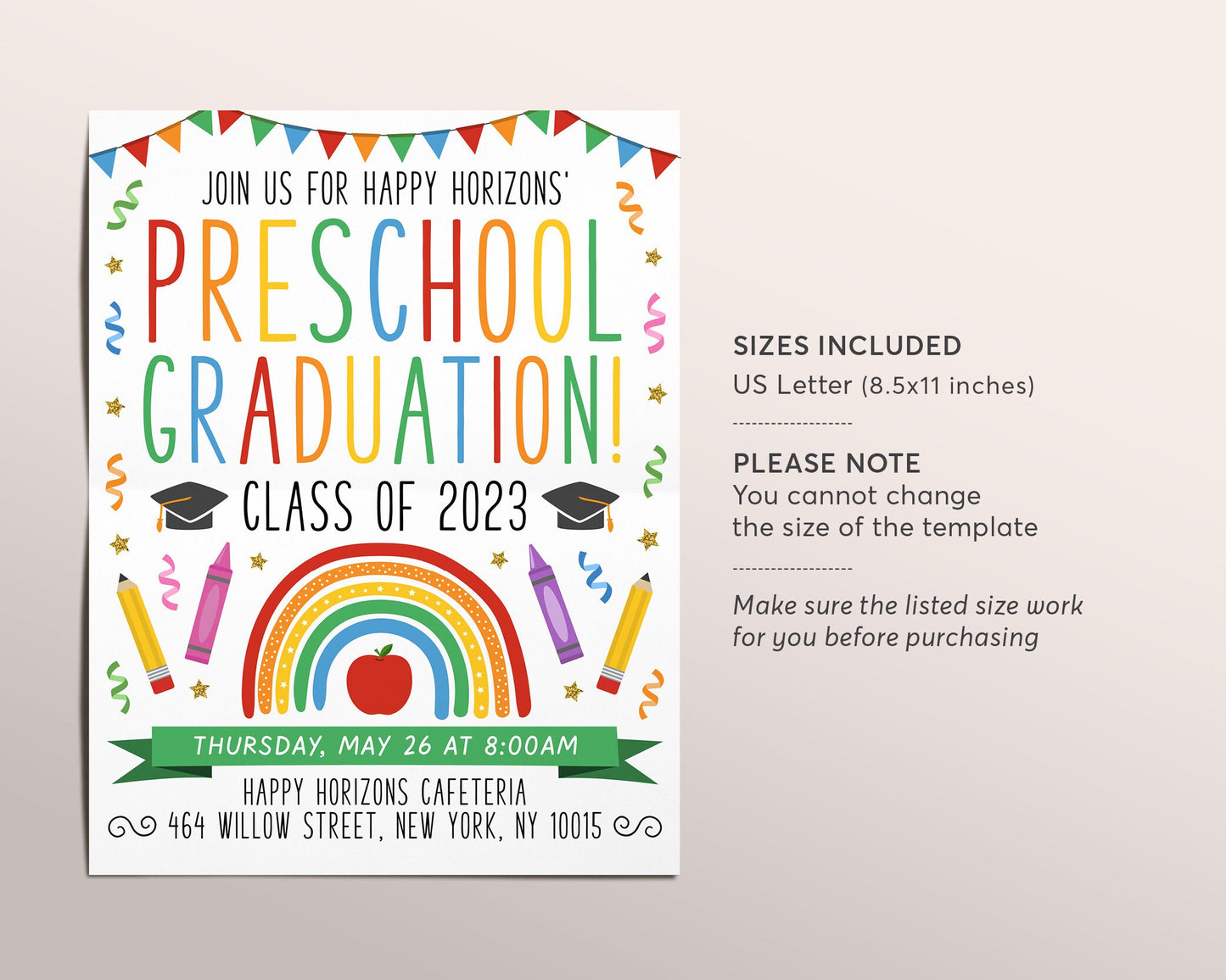 Preschool Graduation Invitation Flyer Editable Template, Pre-K Kindergarten Class Graduation Announcement, Graduation Ceremony Invite Evite