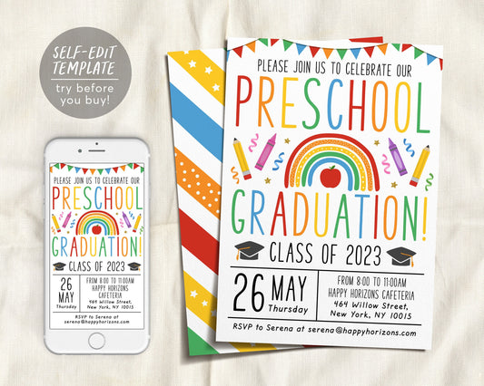 Preschool Graduation Invitation Editable Template, Pre-K Kindergarten Class Graduation Announcement, Graduation Ceremony Invite Evite