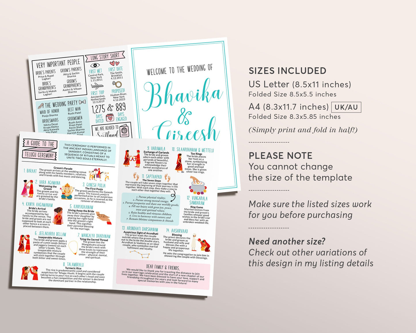 Telugu Ceremony Program Editable Template, South Indian Infographic Wedding Guide, Hindu Reception, Folded Modern Wedding Program Printable