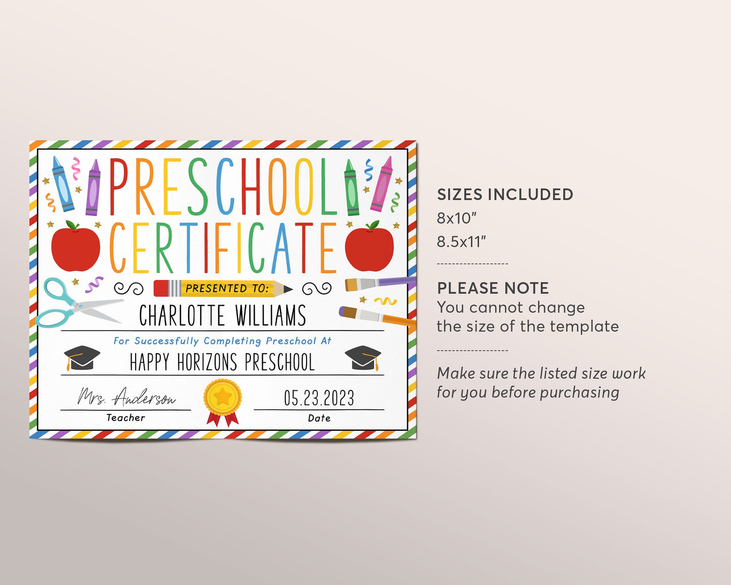 Preschool Graduation Certificate Editable Template, PreK Kindergarten Diploma Certificate of Completion, Last Day of Preschool Sign