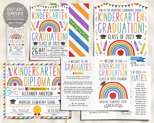 Kindergarten Graduation Ceremony BUNDLE Editable Template, Class Graduation Program, Preschool Announcement Invitation Invite, PreK Flyer