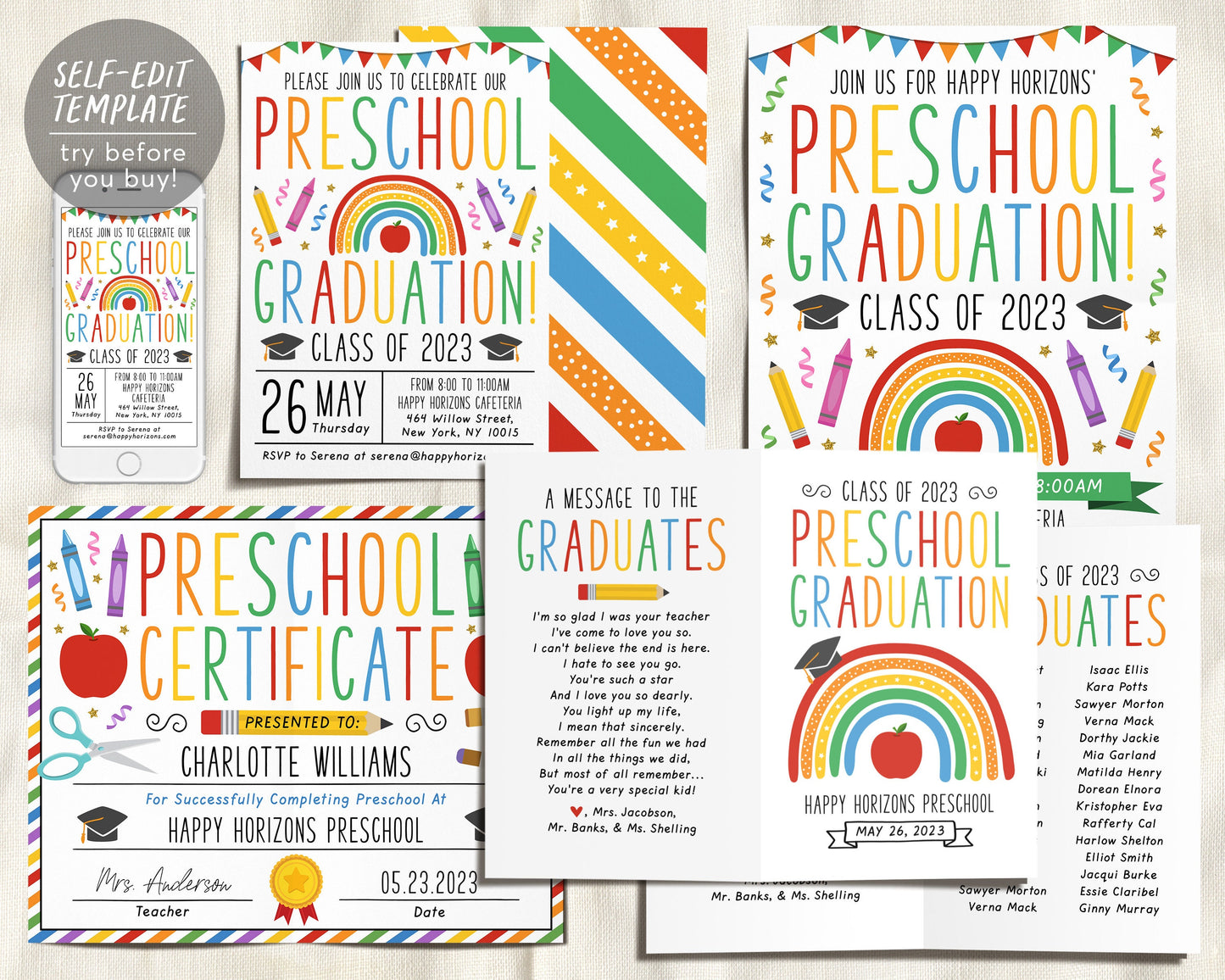 Preschool Graduation Ceremony BUNDLE Editable Template, Pre-K Kindergarten Class Graduation Certificate, Graduation Ceremony Invite Evite