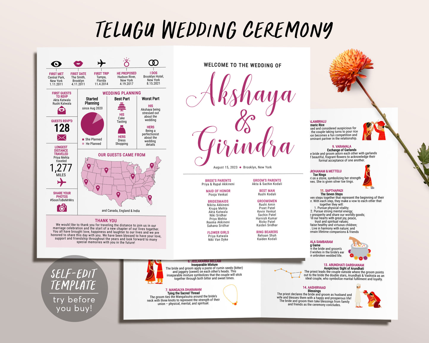 Telugu Ceremony Program Template, Editable Indian Wedding Ceremony Guide, South Indian, Hindu Infographic, Folded Modern Wedding Program