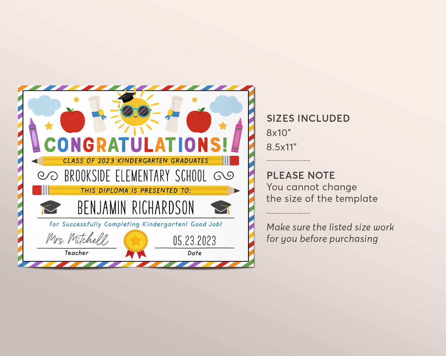 Kindergarten Graduation Diploma Editable Template, Certificate of Completion Future is So Bright, Preschool PreK Ceremony Announcement