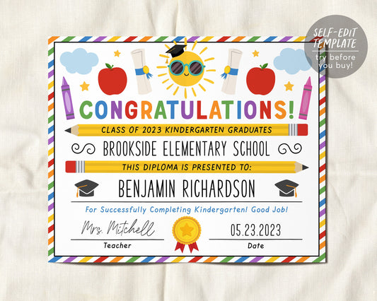 Kindergarten Graduation Diploma Editable Template, Certificate of Completion Future is So Bright, Preschool PreK Ceremony Announcement