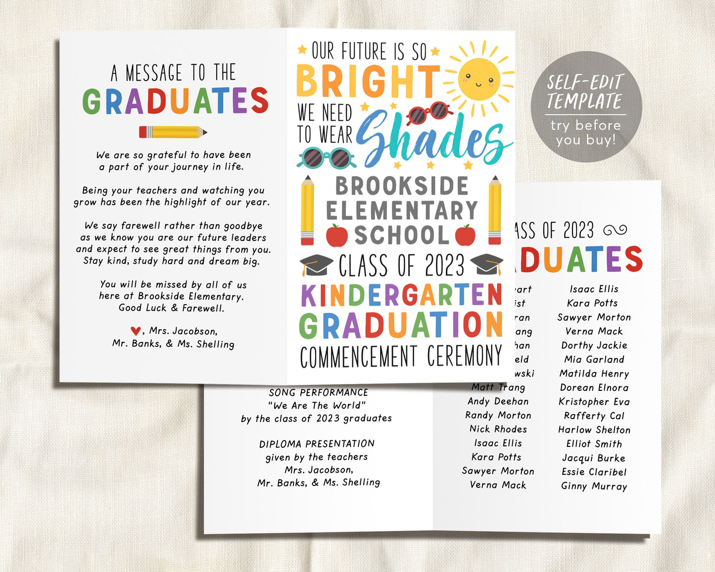 Kindergarten Graduation Ceremony BUNDLE Editable Template, Future is So Bright Class Graduation Program, Preschool Announcement Invitation