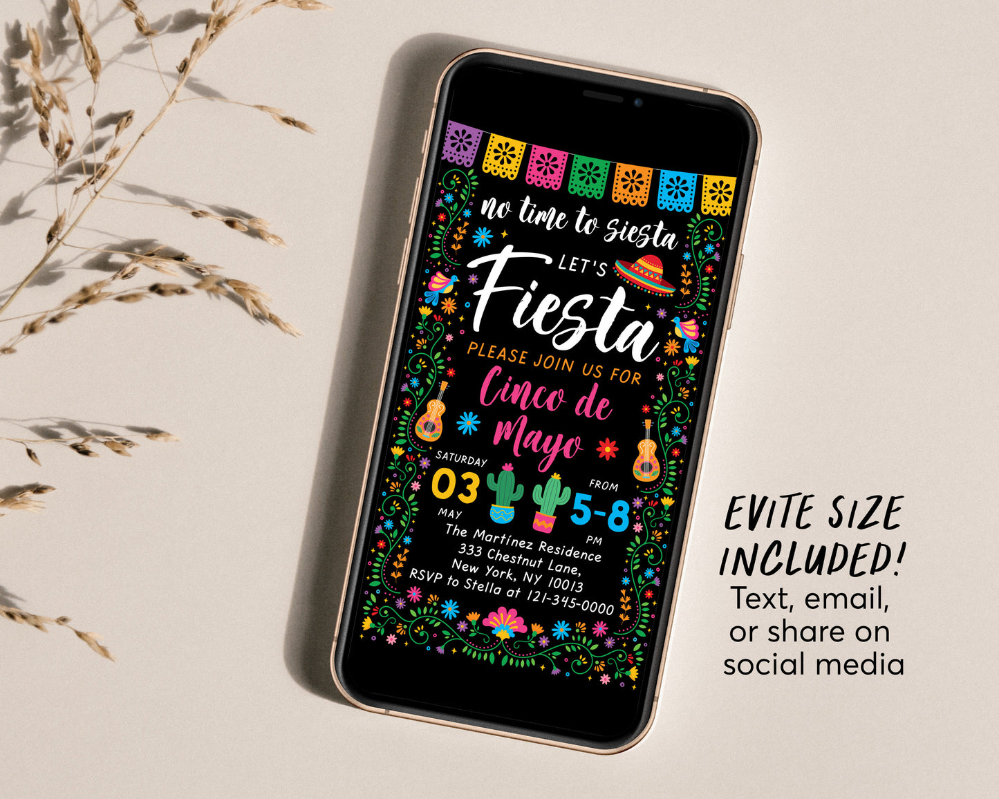 Cinco De Mayo Party Invitation Editable Template, Mexican Fiesta Theme Party Evite, No Time To Siesta Cactus Succulent, Instant Download