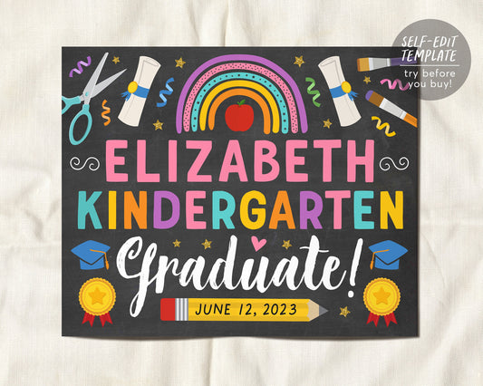 Kindergarten Girl Graduation Chalkboard Sign Editable Template, Pre K Graduation Poster Printable Last day of School Photo Prop Personalized