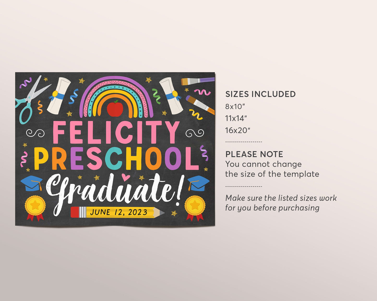 Preschool Girl Graduation Chalkboard Sign Editable Template, Pre K Kindergarten Graduation Poster Printable Last day of School Photo Prop