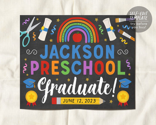 Preschool Boy Graduation Chalkboard Sign Editable Template, Pre K Kindergarten Graduation Poster Printable Last day of School Photo Prop